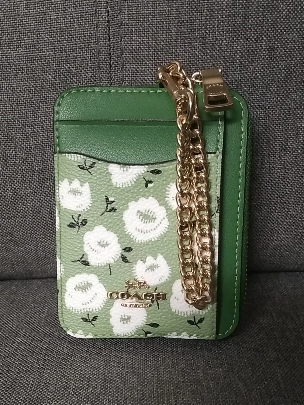 COACH Green Floral Zip Card Holder with Gold Chain Accent